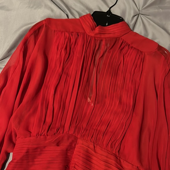 Express Mock Neck Long Sleeve Pleated Waist Tiered Ruffle Mini Red Dress - Picture 3 of 9